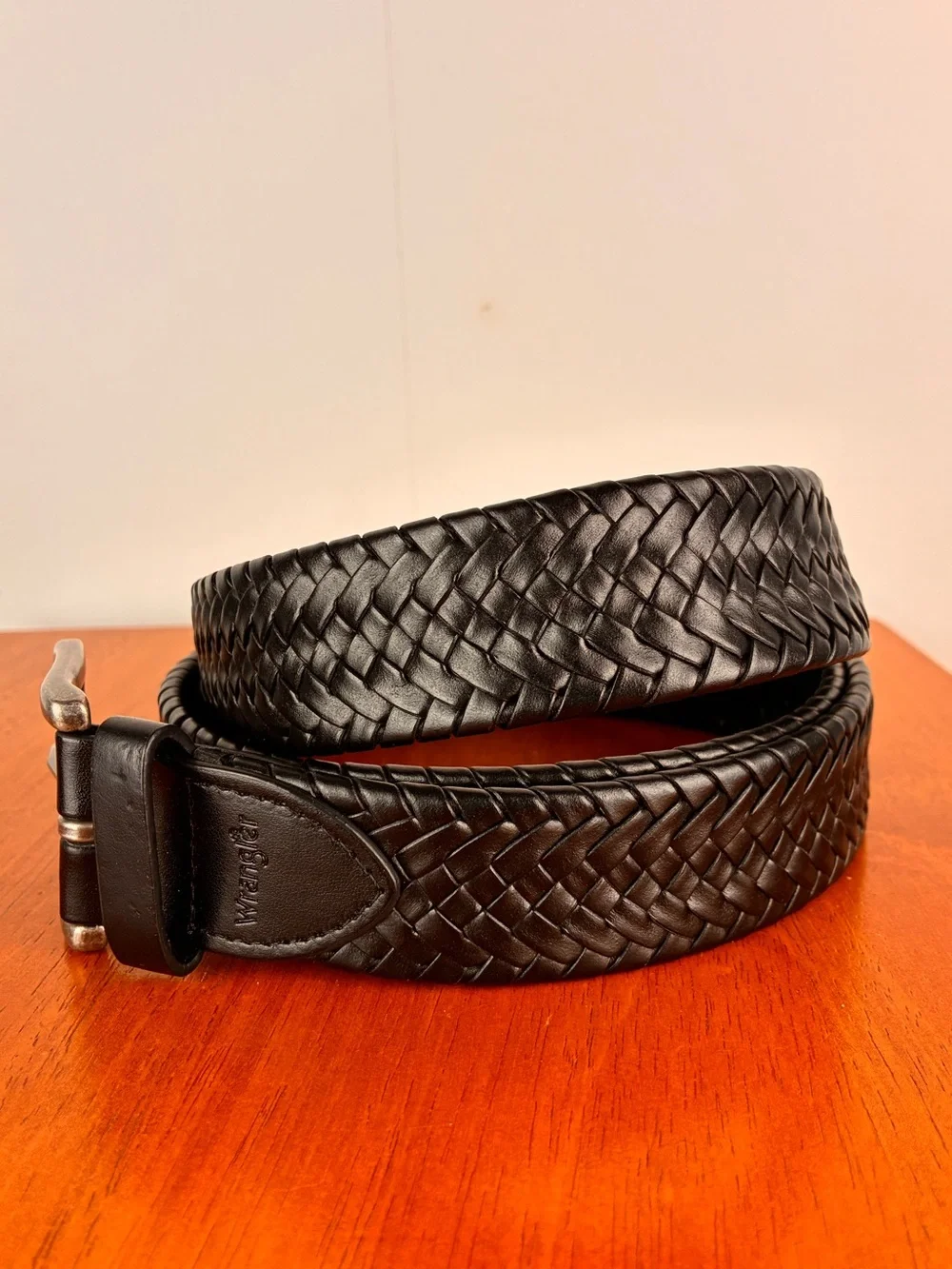 Wrangler Black Belt Woven Braided Bonded Leather Silver Buckle Size 42/105